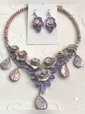 S71-Premium Keshi Pearl And Purple Crystal Pearl Necklace And Earring Set
